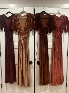 Baltic Born Velvet Wrap Maxi Dresses in Burgundy, Copper, Rust, and Bronze